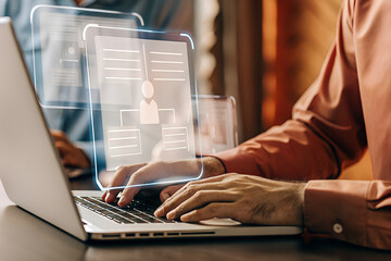 Person working on laptop with digital interface overlay