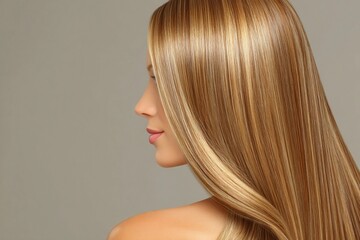 Fototapeta premium Beautiful long golden hair flowing smoothly from a woman's shoulder in a studio setting