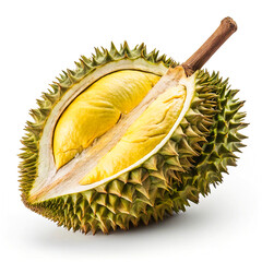 Obraz premium Durian Fruit, Halved, Showing Yellow Flesh and Spiky Rind isolated on white background