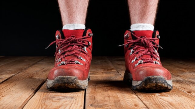 Close-up of a person's feet wearing red hiking boots on a wooden floor against a black background - Powered by Adobe