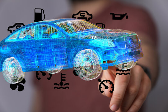 Innovative car repair concept. 3D wireframe car model with digital maintenance icons.