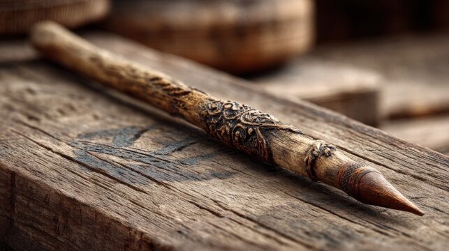 Close-up view of an Indonesian divination tool resting on a wooden table
