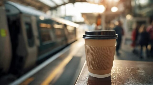 Commuters blurred in train station with coffee cup focus at sunrise