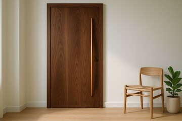 Wooden door and minimalistic chair create a warm interior atmosphere in a modern space