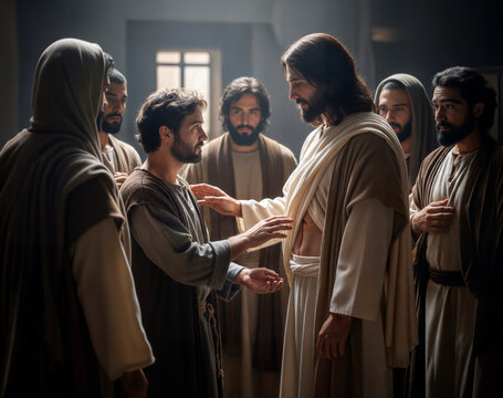 Doubting Thomas Reaches for the Wounds of the Risen Christ, Disciples Witnessing the Miracle Photograph