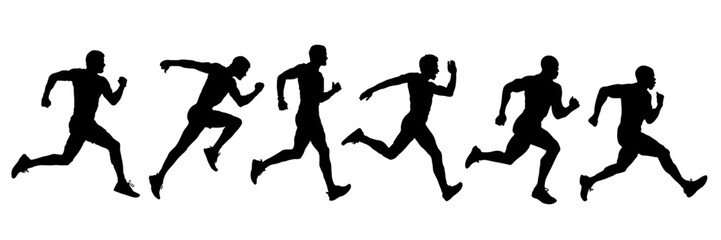 Athletic running men, black vector icons. Group of running men, silhouettes. Vector silhouettes of athletic men in motion