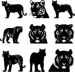 Nine Black and White Tiger Silhouette Illustrations for Design Projects