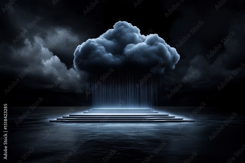 Poster cloud computing illustrated radiant vapors encoding binary in the sky
