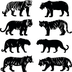 Striking Black and White Animal Silhouettes featuring Tigers, Lions, and Bears