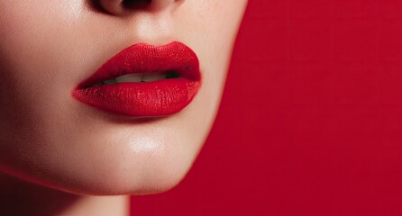 Fototapeta premium Closeup of a womans lips painted with bright red lipstick against a matching red backdrop