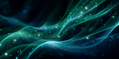 Abstract teal waves with glittering particles, creating a dark, luxurious and mysterious atmosphere, ideal for elegant designs or digital art projects
