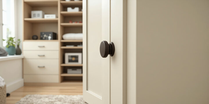 Custom mocha mousse-finished wardrobe knobs with a smooth matte finish and minimalistic circular design. These knobs are mounted on cream-colored