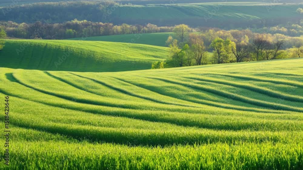 Poster A serene natural scene featuring a lush green field and distant trees, ideal for use in backgrounds or travel images