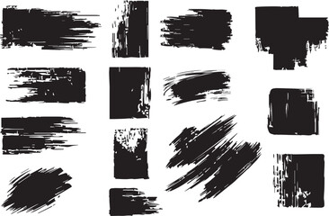 Grunge brush strokes in distressed ink texture and bold rectangle shapes. Monochrome paint splatter elements with rough edge and dry brush effect. Vector illustration.
