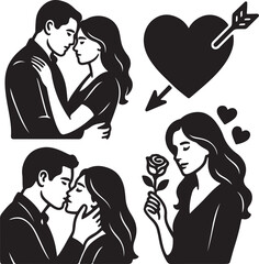 Design black and white vector illustrations suitable for romance novel book covers, depicting couples, love symbols, and emotional scenes.