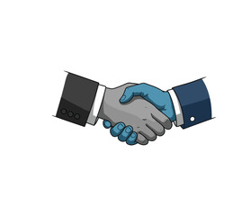 A stylized illustration of two hands shaking, one hand is gray and the other is blue, symbolizing a business deal or partnership.
