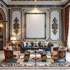 A luxurious and elegantly designed living room with a clear influence of modern interior aesthetics