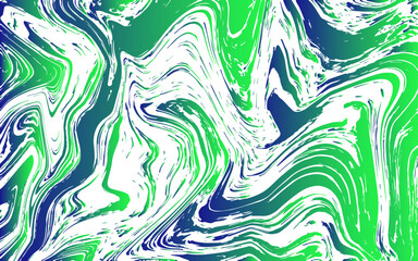Abstract digital artwork with a vivid marbled pattern of swirling green, blue, and white tones. Fluid motion  with intricate streaks, curves, and flowing gradients resembling acrylic paint. 