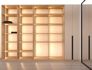 Modern wooden shelving unit with integrated warm lighting, minimalistic design, and a few folded clothes, perfect for stylish storage in contemporary interiors