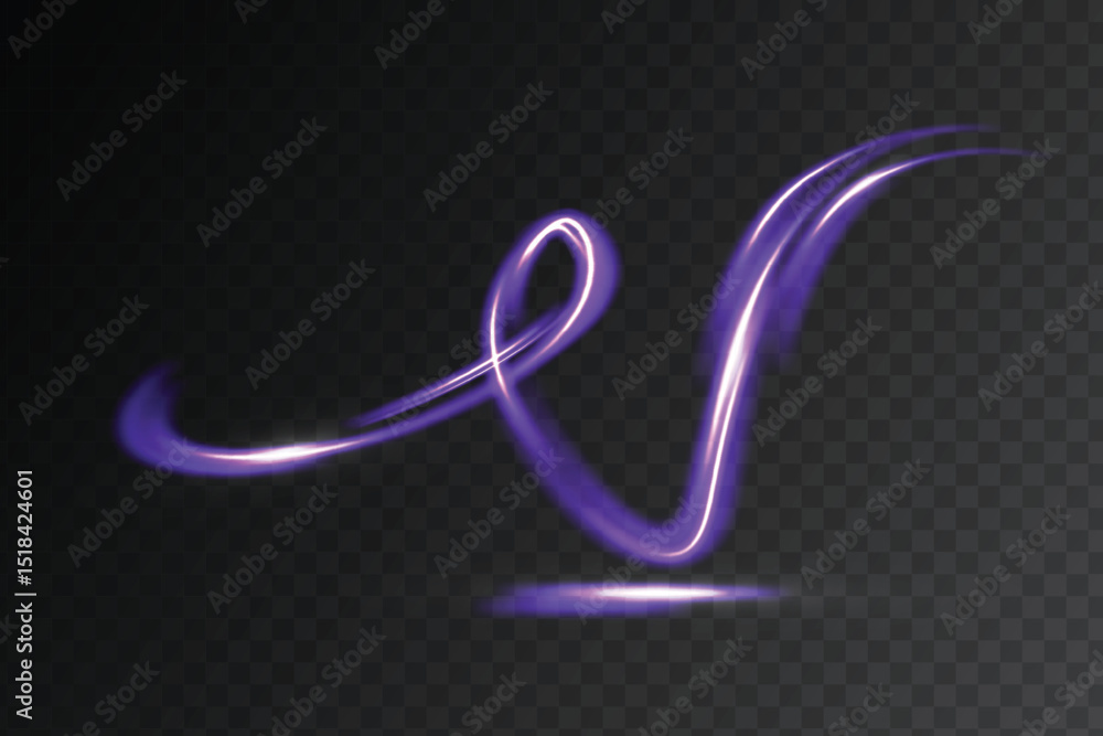 Poster glowing purple light swirls and curved trails on transparent dark background. light effect for digit