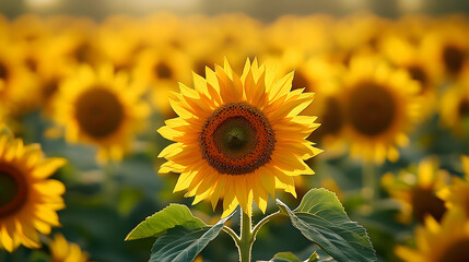 Fototapeta premium Close-up view of bright sunflowers in a field.