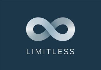 Abstract Vector Limitless Infinite Symbol Logo Template. Infinity Loop Minimalist Sign on a Dark Background. Endless Eight Shape Mobius Ribbon Emblem Concept Negative Space Illustration. Isolated