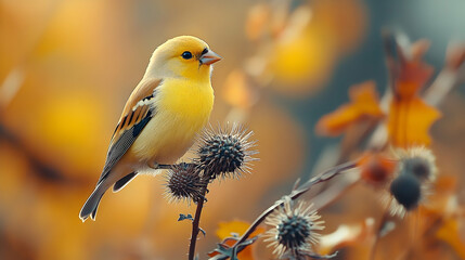 Obraz premium A small, vibrant yellow bird perched on a thistle.