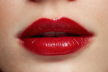 Fototapeta premium Closeup of glossy red lips slightly parted showing the teeth