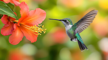 Fototapeta premium Vibrant hummingbird hovering near a hibiscus flower.