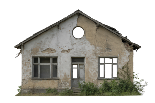 A dilapidated house with broken windows and a round hole in the attic area on transparent background