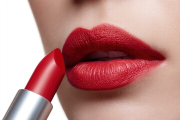 Closeup of lips being painted red with lipstick