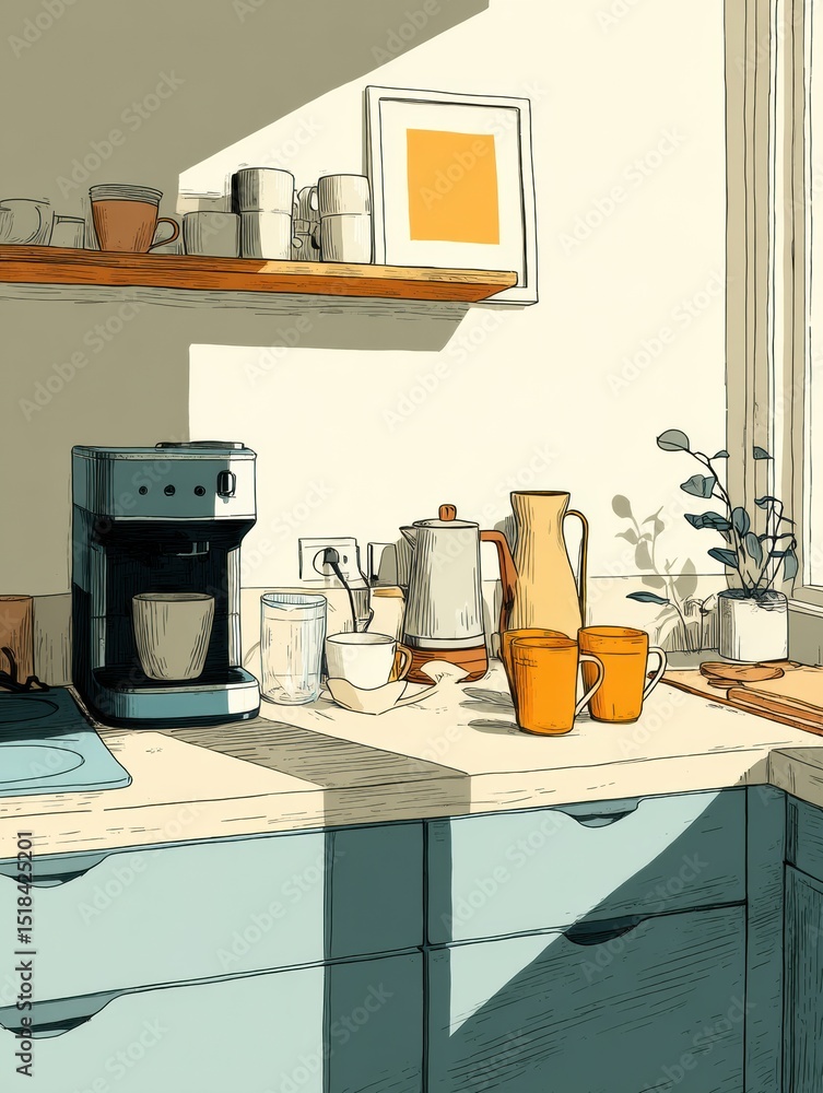 Poster Minimal Kitchen Counter Features Coffee Grinder and Cups With Sunlight Streaming Through a Window Creating a Warm Ambiance