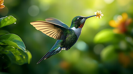 Fototapeta premium Hummingbird in flight with flower in beak.