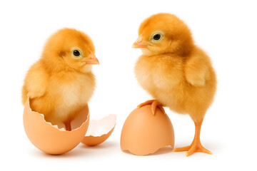 Fototapeta premium Two adorable newborn chicks with fluffy yellow feathers standing on and inside broken eggshells isolated on white background, concept of Easter, spring, birth, farming, and cute baby animal photograph