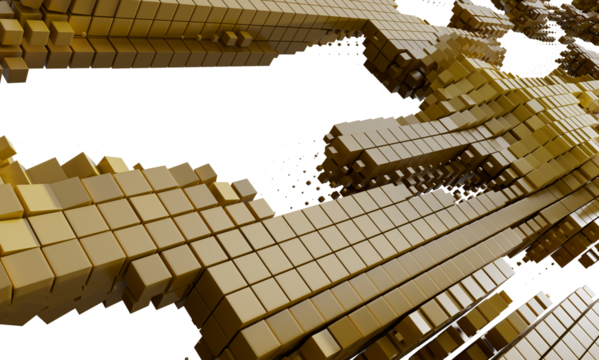 3D render of abstract gold cube blocks. Perfect for technology, data, or finance concepts.