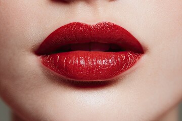 Closeup of lips with vibrant red lipstick showcasing glossy texture and detailing