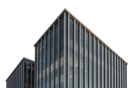 View of the corner of a modern office building with glass windows and black background on transparent background