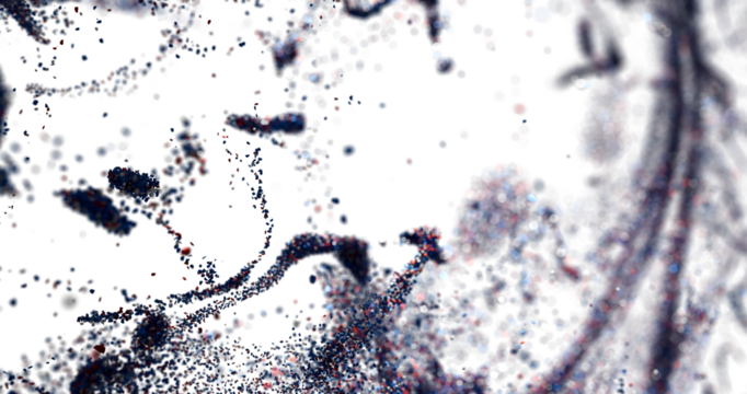 Abstract swirling particles background. Blue, red, white dust creates energy and motion. Ideal for space, unive