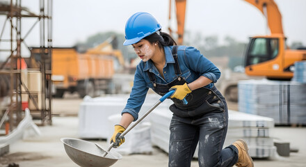 Hardworking Female Construction Worker with Shovel on Job Site | Woman in Blue Hard Hat and Work Gloves Performing Manual Labor at Industrial Construction Area