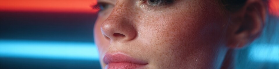 Obraz premium Woman's freckled face is lit by red and blue lights. Beauty, skin, complexion, natural, cosmetic, care, portrait
