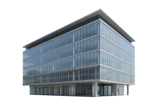 Exterior view of a modern glass office building with a flat roof design style on transparent background