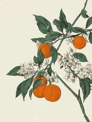 citrus tree with Summer flowers and butterflies, white background, hand drawn style, vintage 