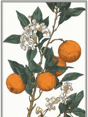 citrus tree with Summer flowers and butterflies, white background, hand drawn style, vintage 