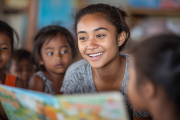 Young woman smiling, reading book to children, close-up, showcasing education, literacy, and community engagement