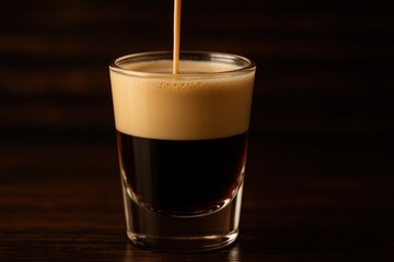 Pouring a baby Guinness shot into a glass with a foamy top and dark bottom