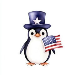Fototapeta premium 4th of July A cute penguin is holding a national banner and wearing a patriotic hat celebrating a holiday.