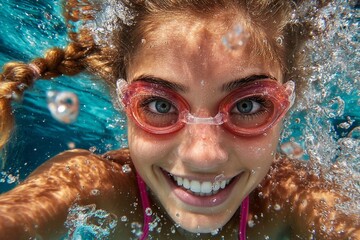 Fototapeta premium Girl enjoys swimming underwater while wearing goggles and smiling during bright sunny day