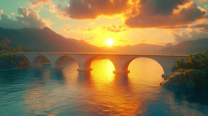 Fototapeta premium Stone arch bridge at sunset over tranquil water