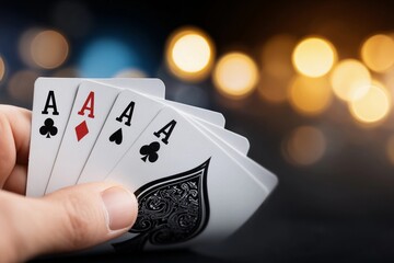 Winning hand revealed at poker table with playing cards in hand during nighttime gathering