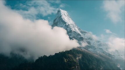 Snowy peak with clouds and trees